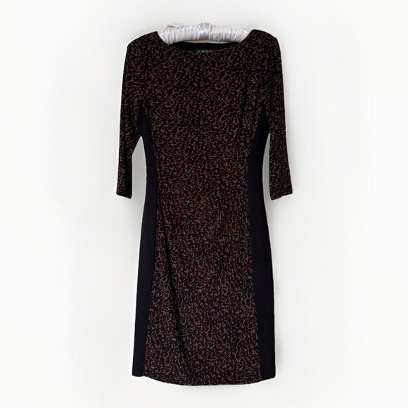 Ralph Lauren Caramel Black Contrast Panel Side Ruched Stretch Jersey Dress $139 - Picture 1 of 8